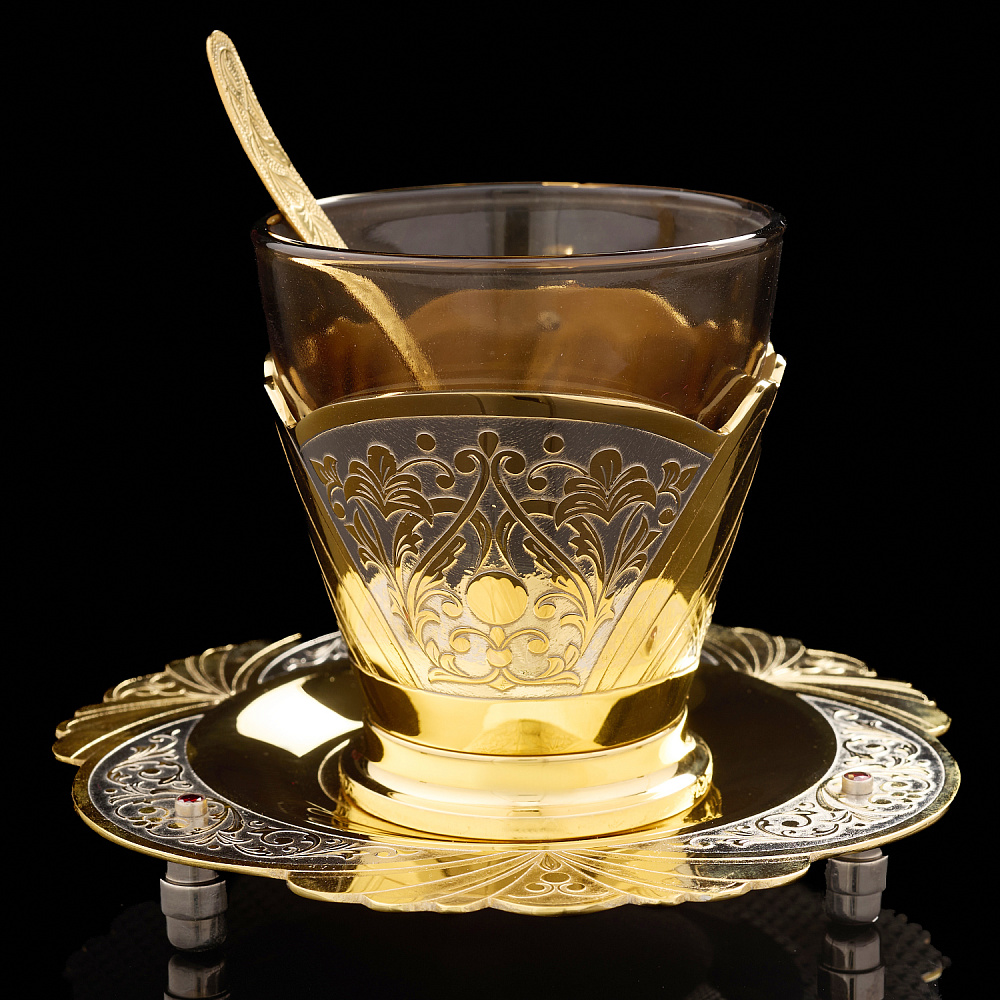 Чайная пара с позолотой и фианитами. Златоуст - интернет магазин Русь Велика я фото 1