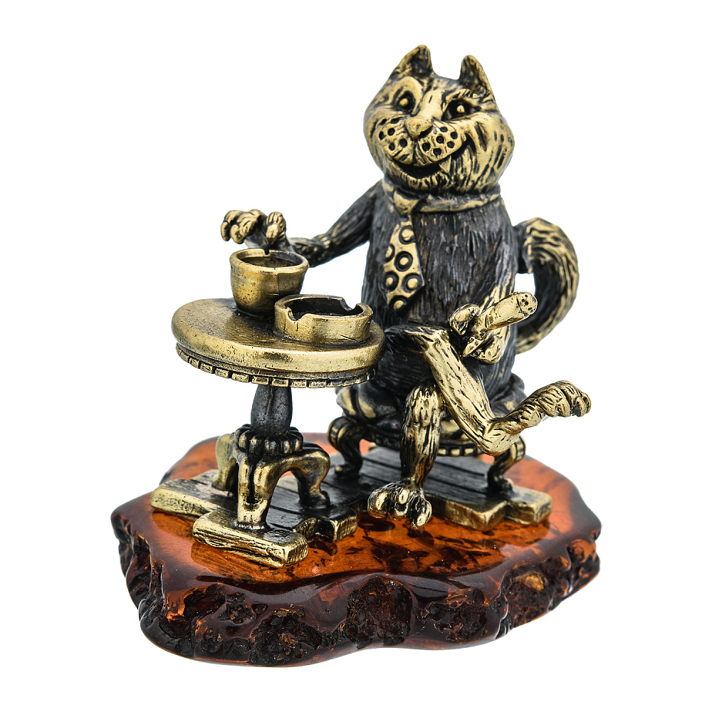 Статуэтка с янтарем «Кот с чашечкой кофе» - интернет магазин Русь Велика я 