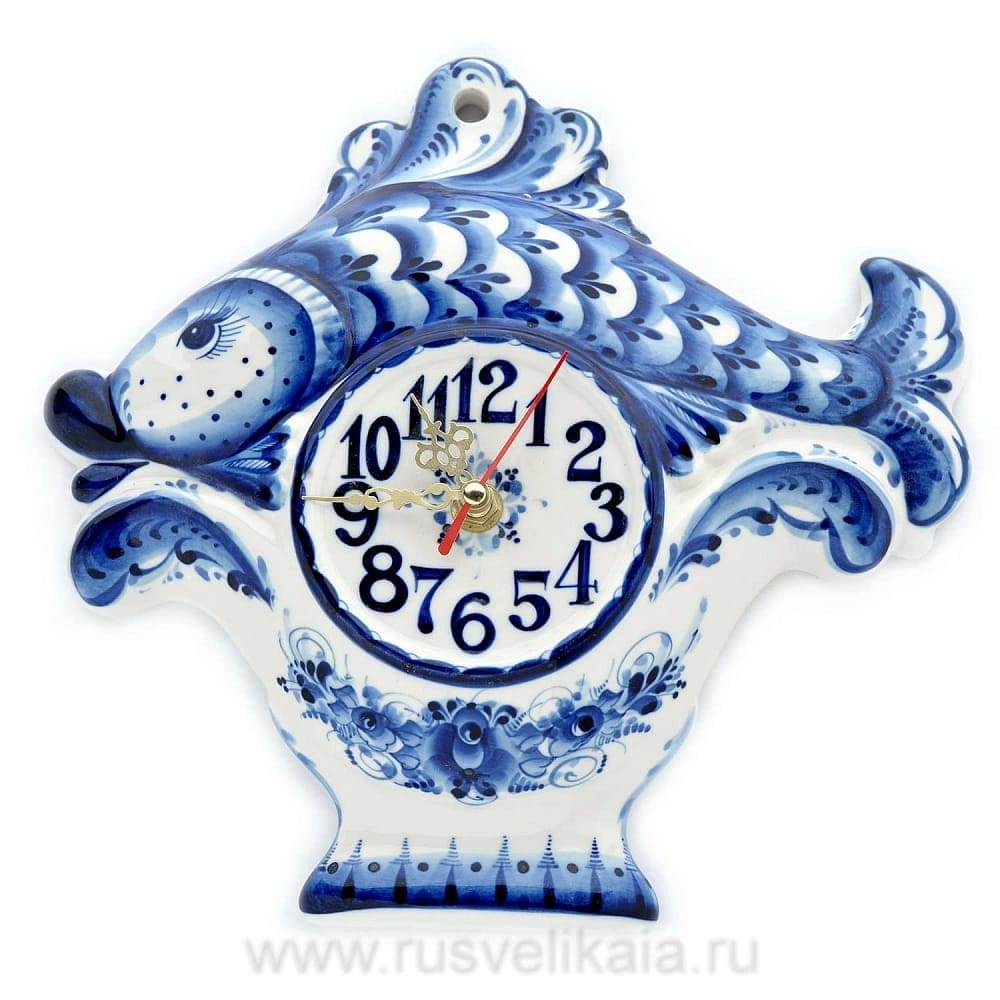 7502 Гжель Часы «Рыбка» 25см Авт. Исаев С.В. - интернет магазин Русь Велика я 