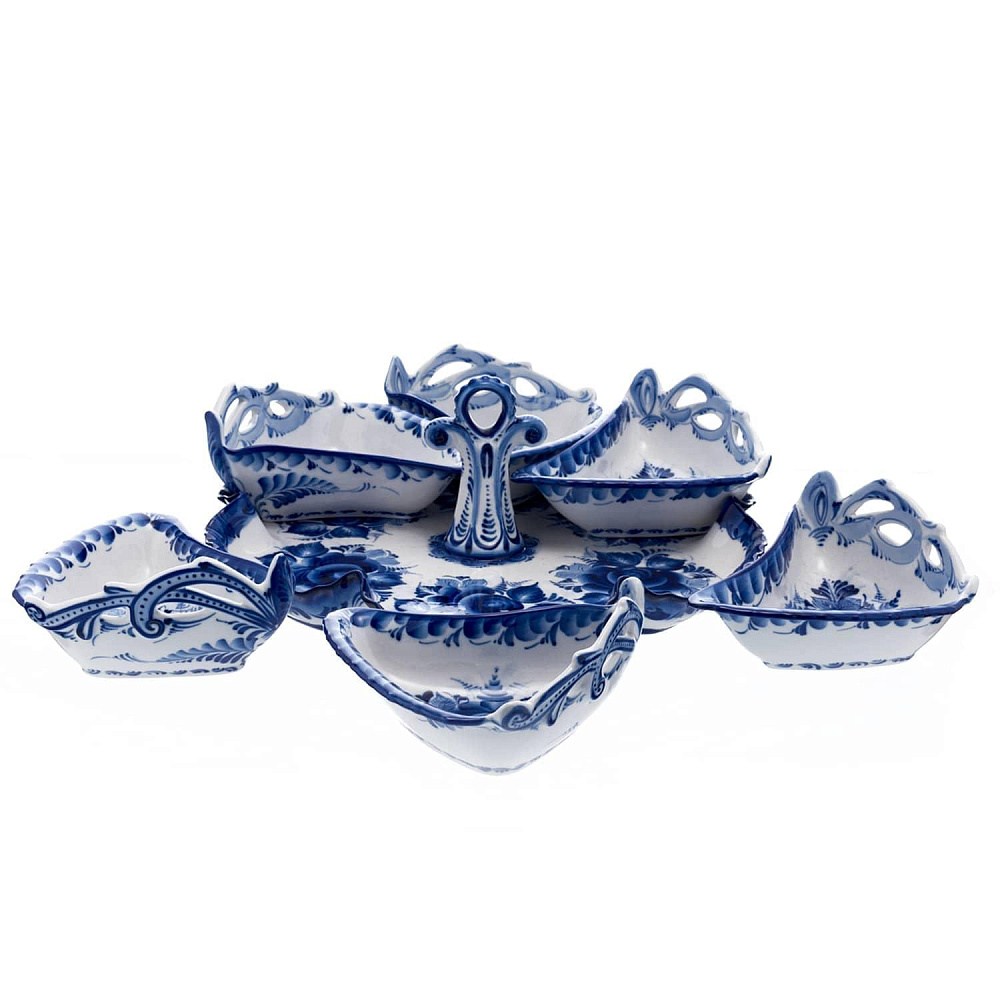 Менажница большая. 6 салатников на блюде. Гжель - интернет магазин Русь Велика я фото 1