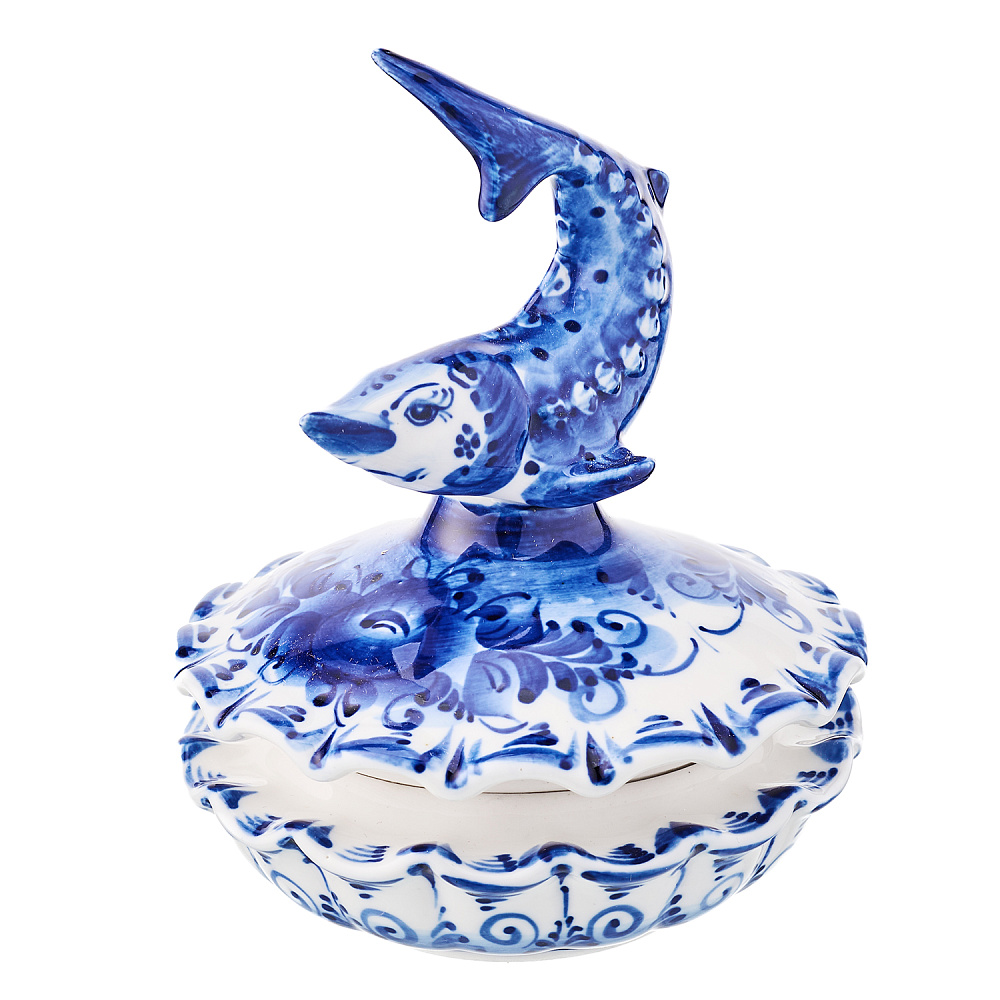 Икорница фарфоровая с росписью «Осетр». Гжель - интернет магазин Русь Велика я 