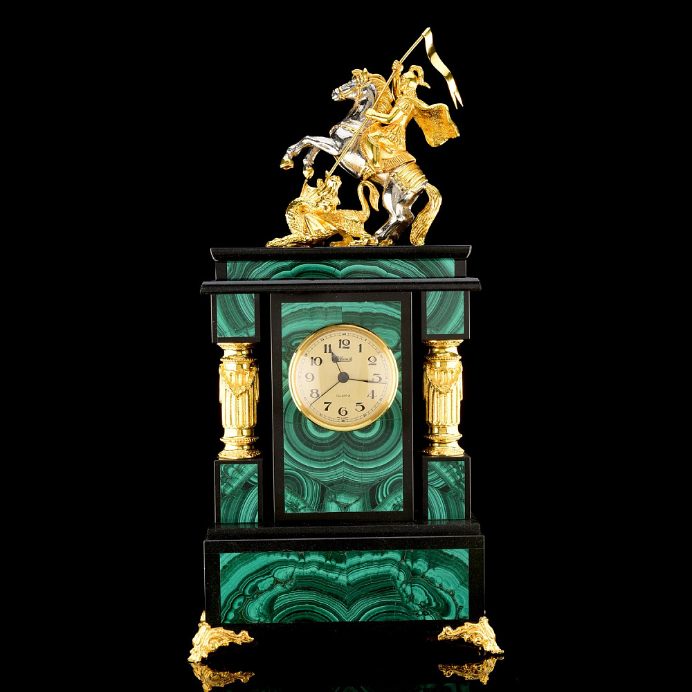 Часы каминные «Георгий Победоносец» Малахит - интернет магазин Русь Велика я 