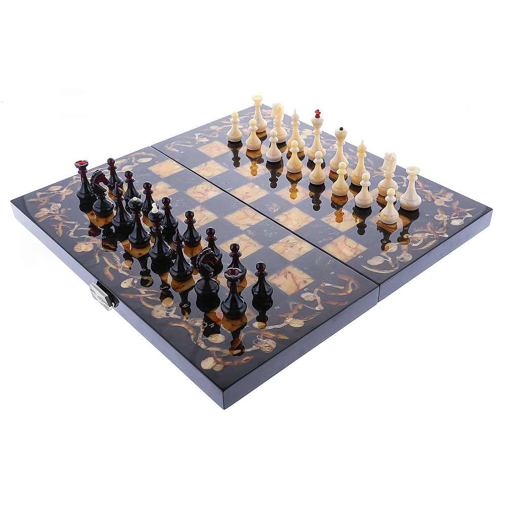 Шахматы с инкрустацией и фигурами из янтаря «Олива» 56х56 см - интернет магазин Русь Велика я фото 5