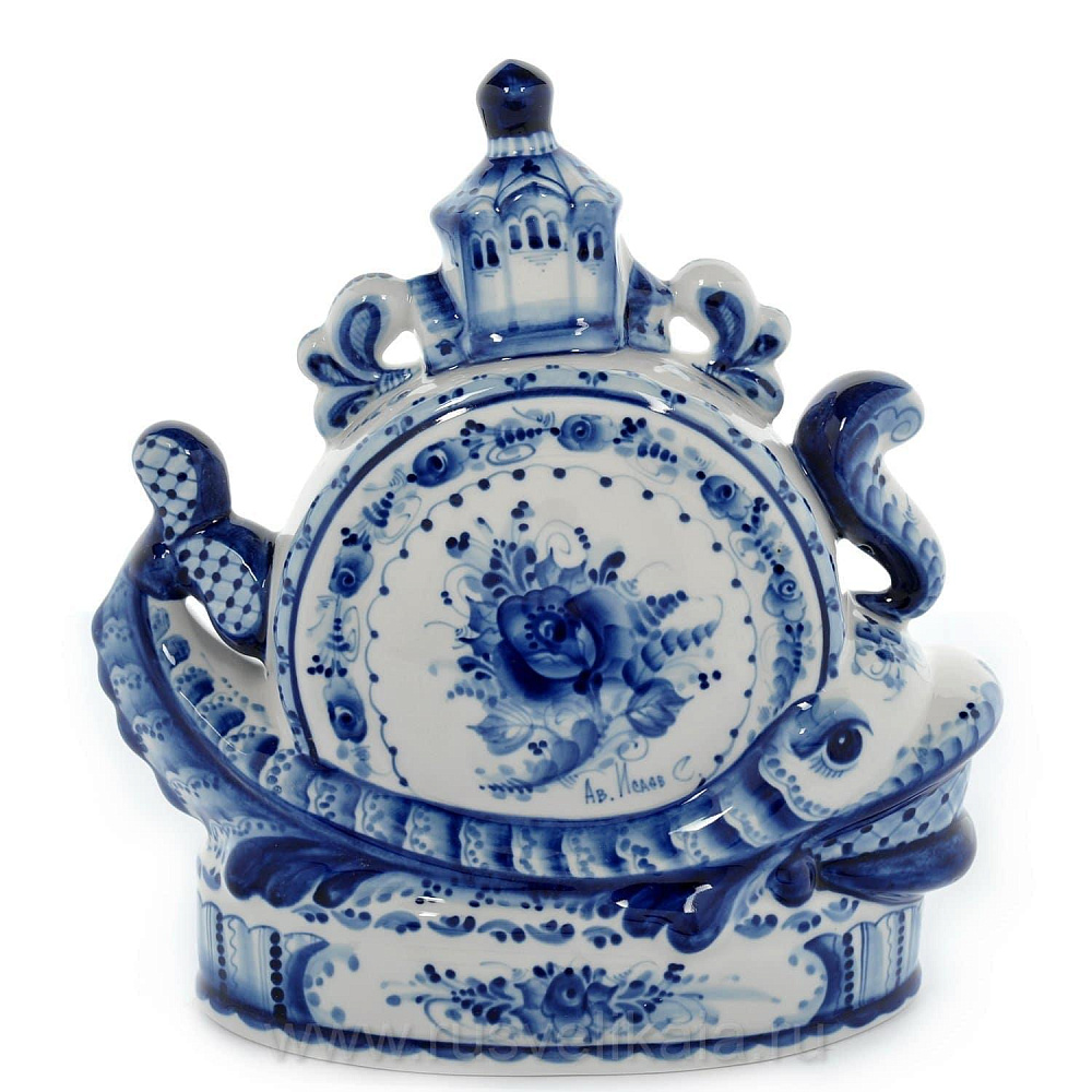 Часы настольные «Рыба-кит» Гжель - интернет магазин Русь Велика я фото 1