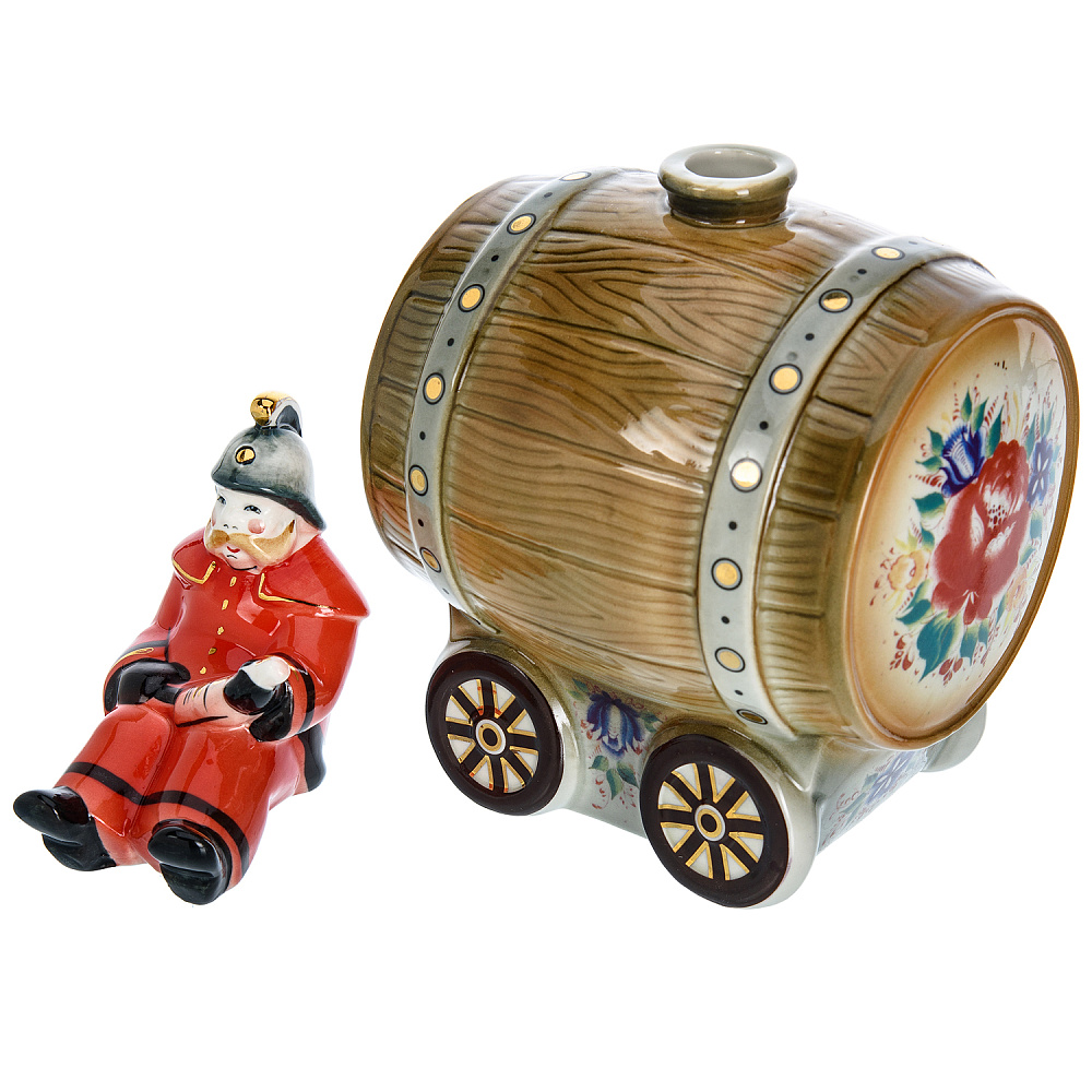 Штоф фарфоровый 700 мл «Пожарный на бочке». Гжель в цвете - интернет магазин Русь Велика я фото 3