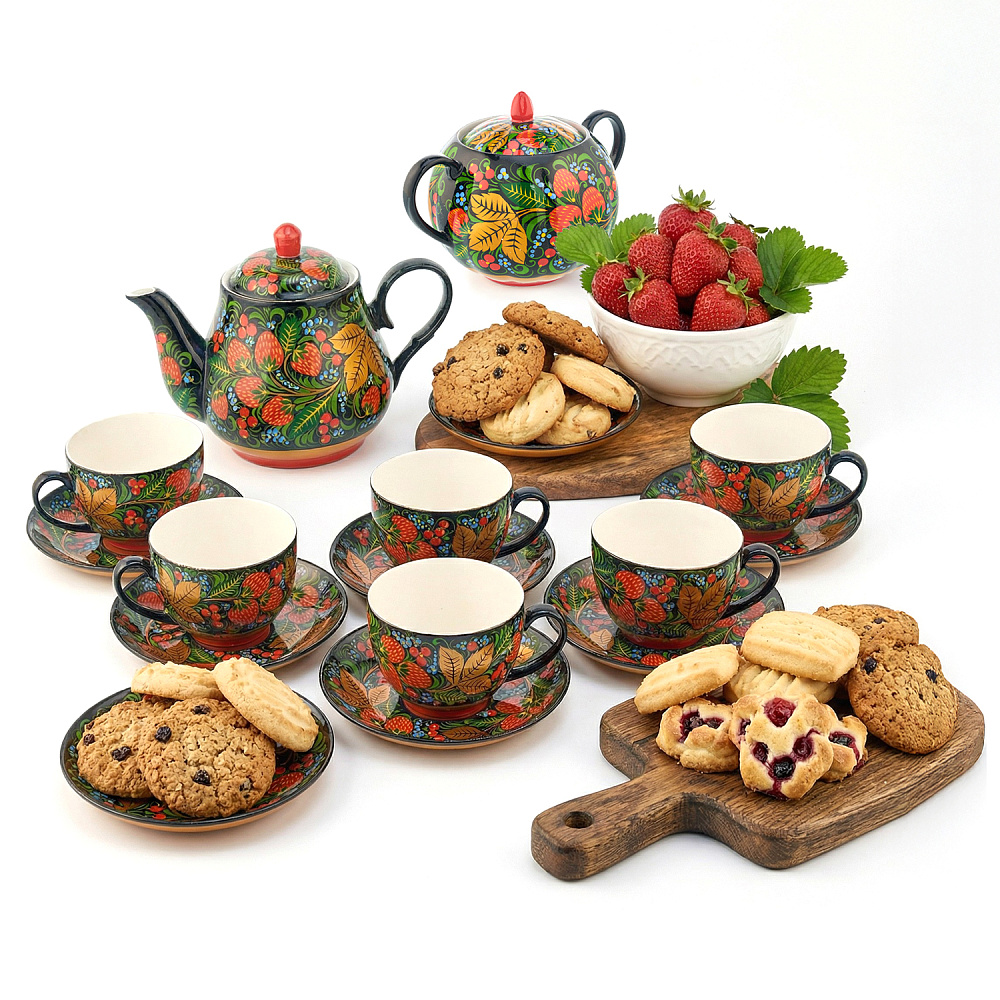 Чайный сервиз на 6 персон «Клубника». Хохлома - интернет магазин Русь Велика я 