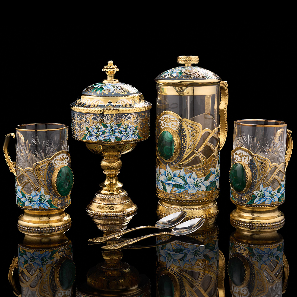 Чайный набор с френч-прессом и подстаканниками «Малахит». Златоуст - интернет магазин Русь Велика я 