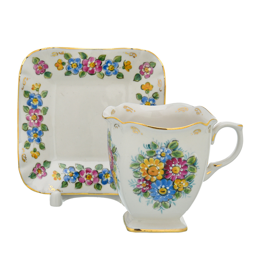 Чайная пара «Теремок». Гжель в цвете - интернет магазин Русь Велика я 