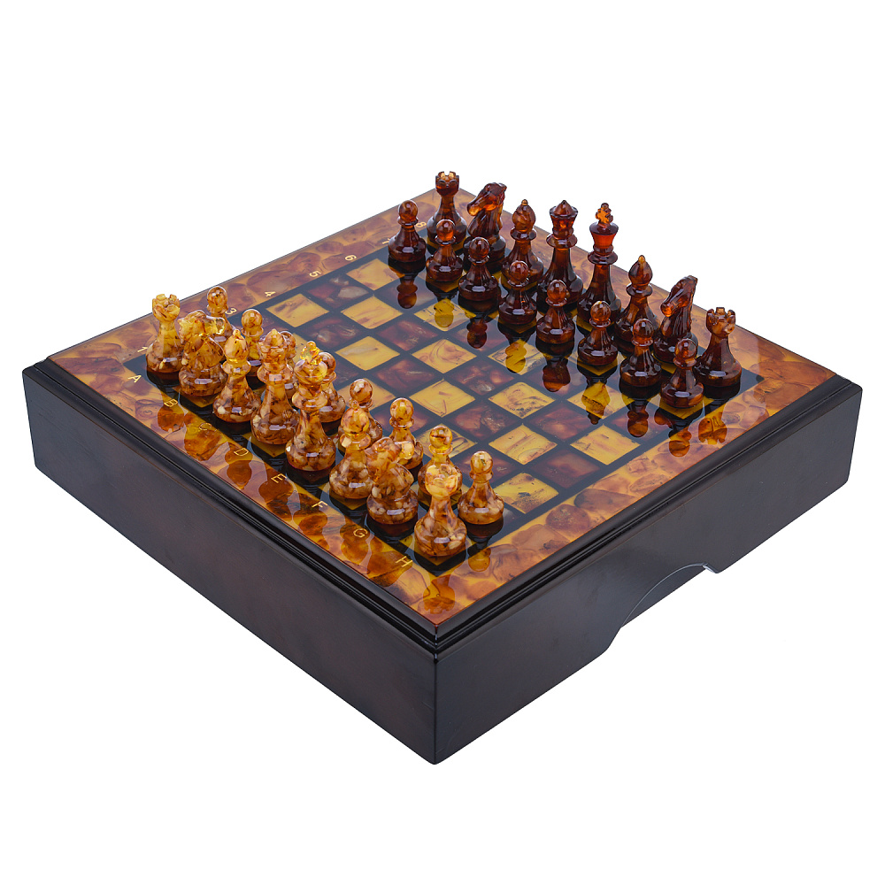 Шахматный ларец с инкрустацией и фигурами из янтаря 30х30 см - интернет магазин Русь Велика я 