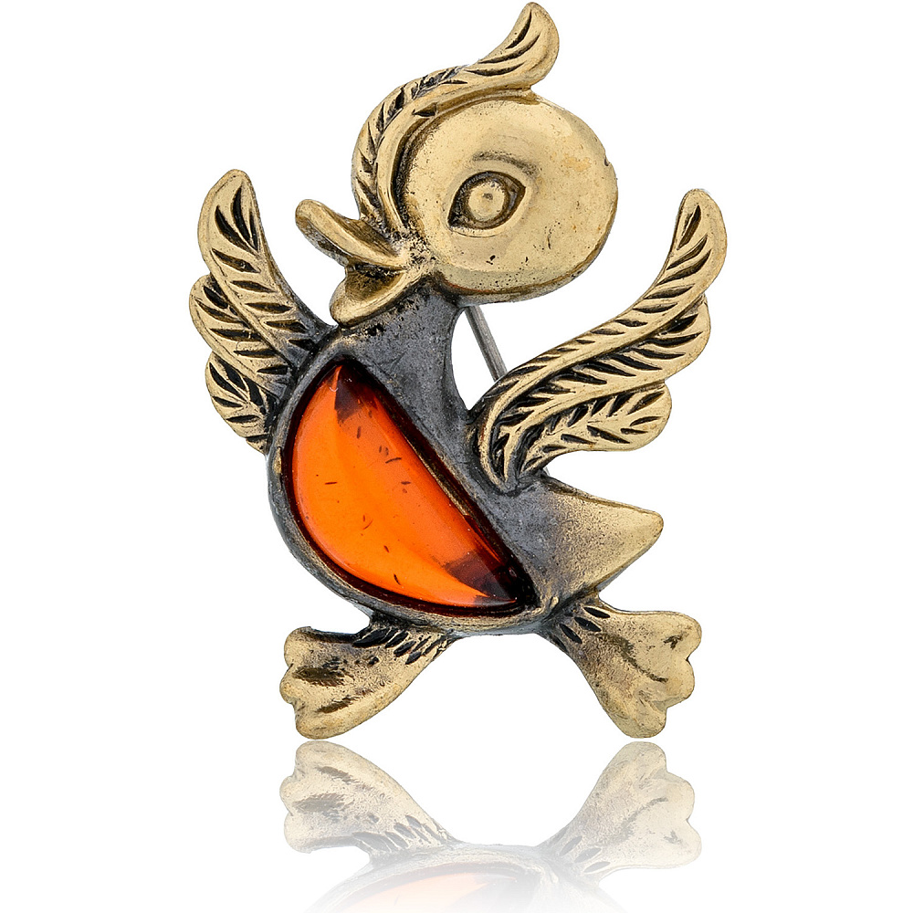 Брошь с янтарем «Птенчик» (коньячный) - интернет магазин Русь Велика я 