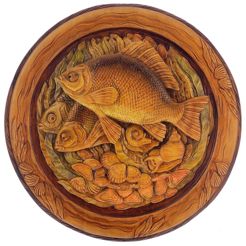 Панно из дерева «Три карася» резное 36 см - интернет магазин Русь Велика я 