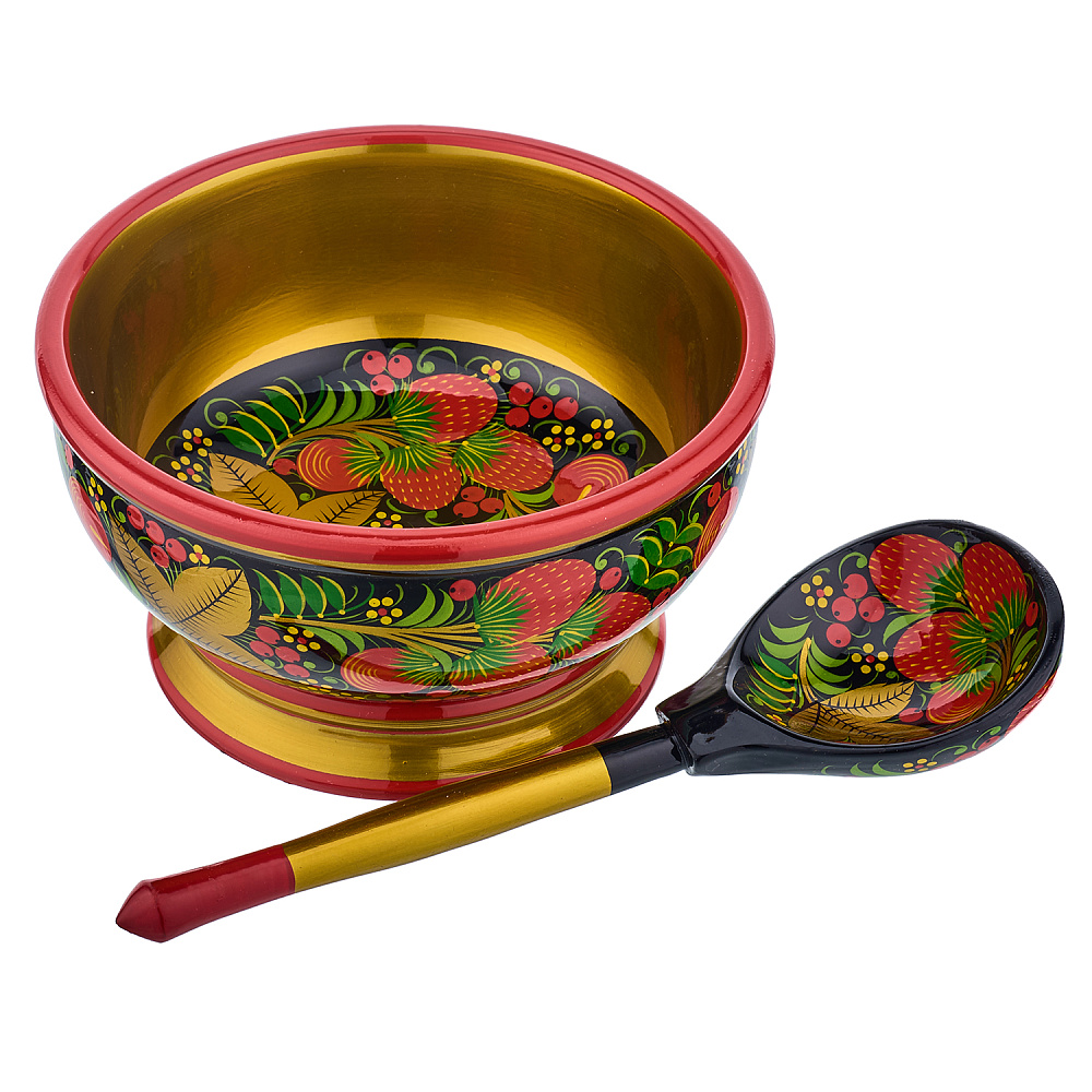 Набор деревянной посуды для супа «Мимоза-Клубника» с росписью. Хохлома - интернет магазин Русь Велика я 