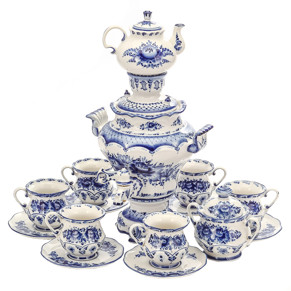 Самовар фарфоровый электрический 2л «Летняя фантазия» с сервизом 6 персон. Гжель - интернет магазин Русь Велика я 