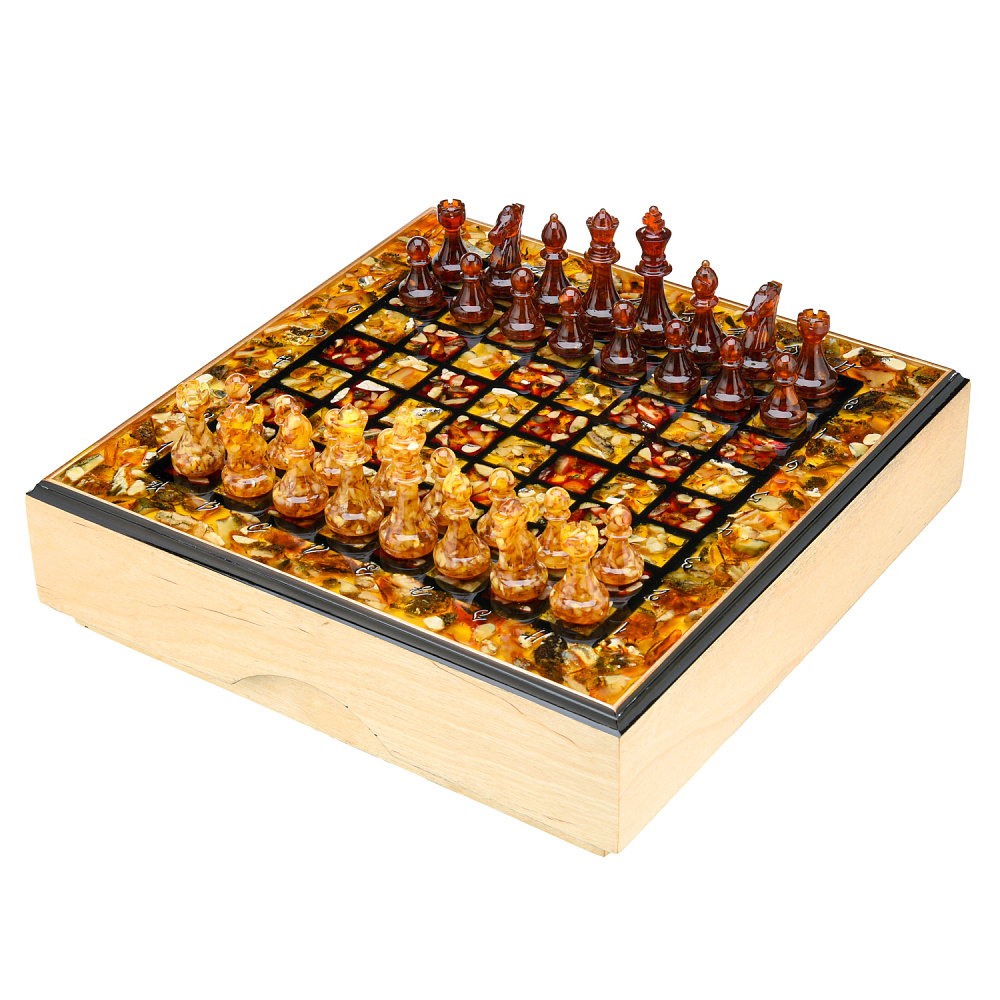 Шахматный ларец с инкрустацией и фигурами из янтаря 30х30 см - интернет магазин Русь Велика я 