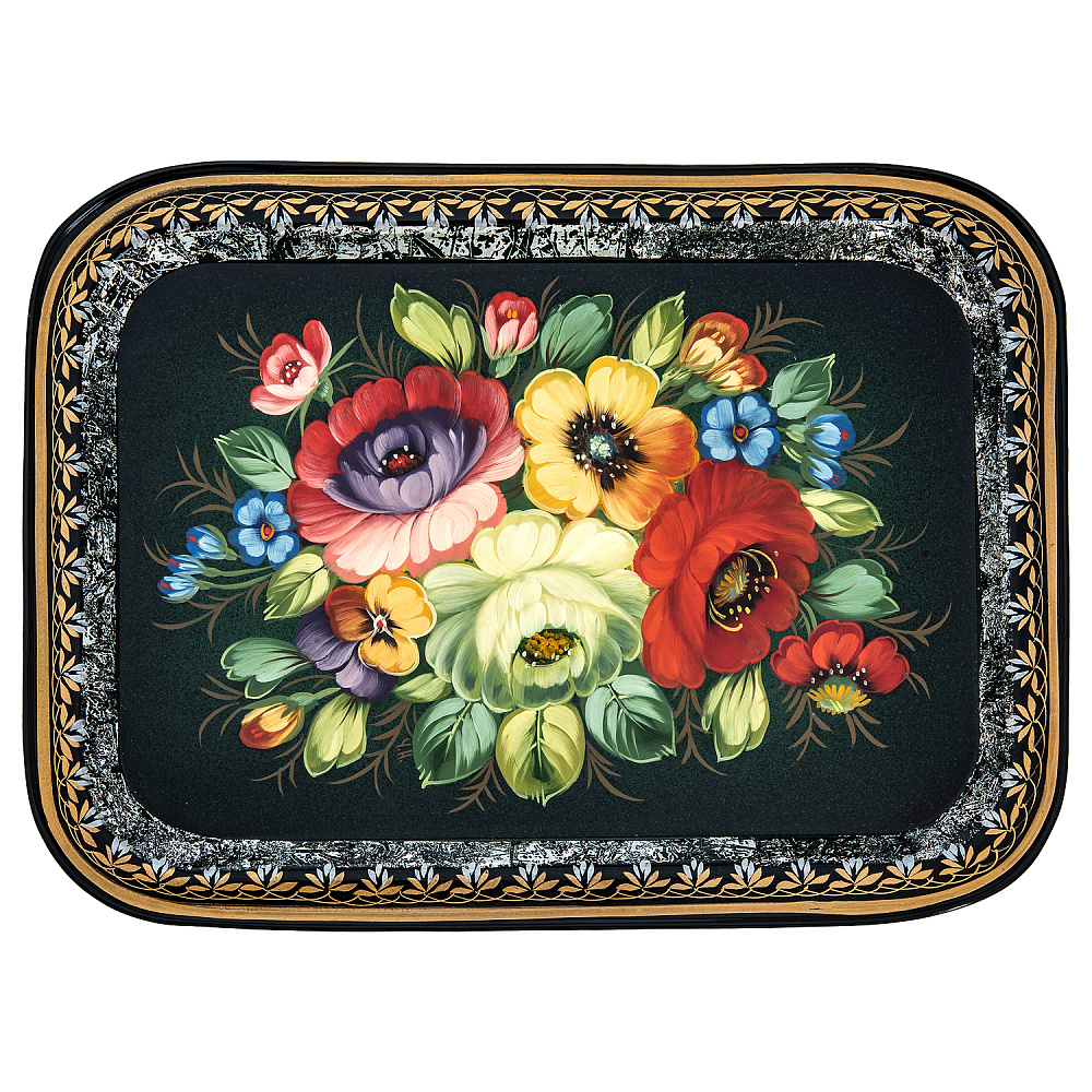 Поднос с авторской росписью «Цветы» 36х26 см - интернет магазин Русь Велика я 