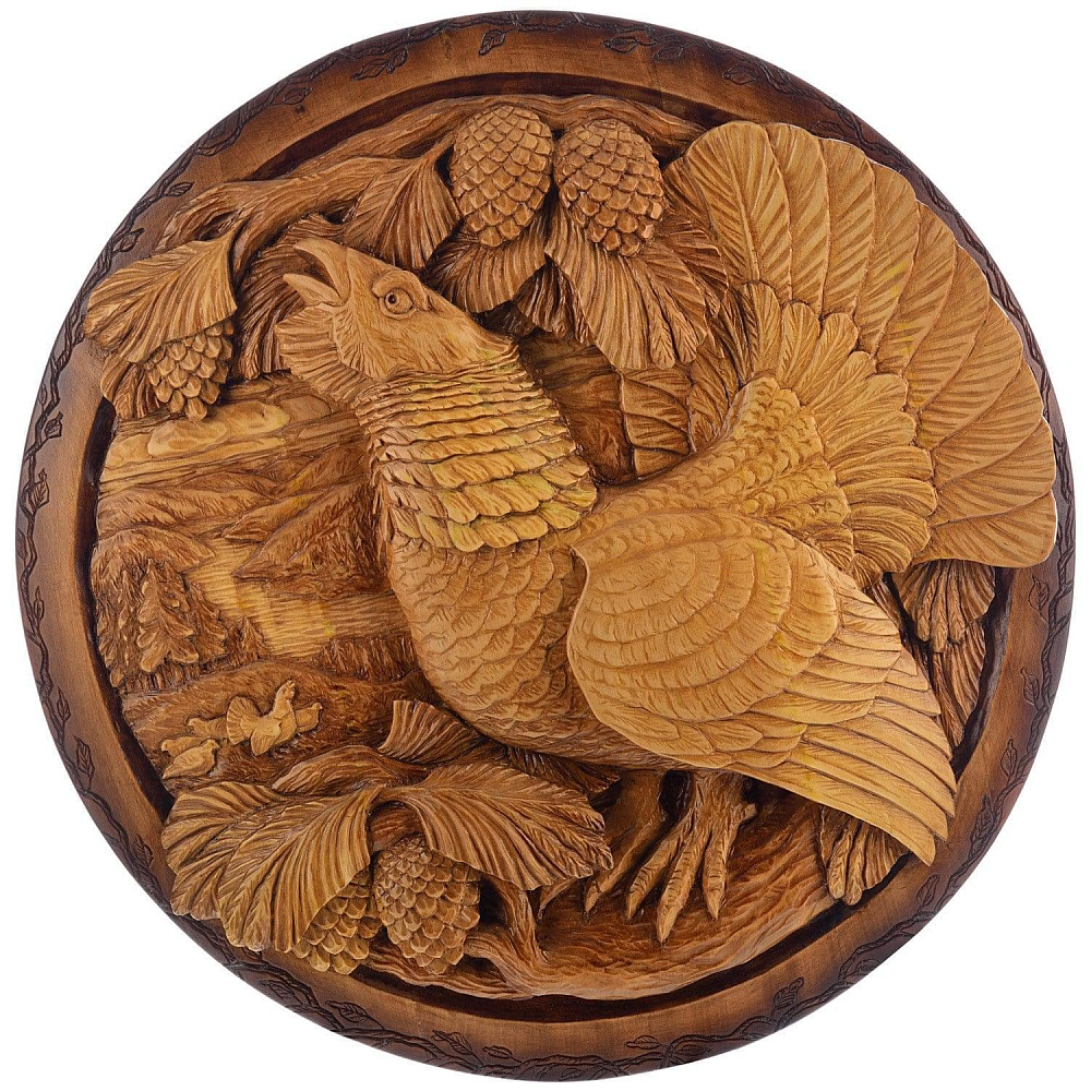 Панно из дерева «Токующий глухарь» резное 50 см - интернет магазин Русь Велика я 