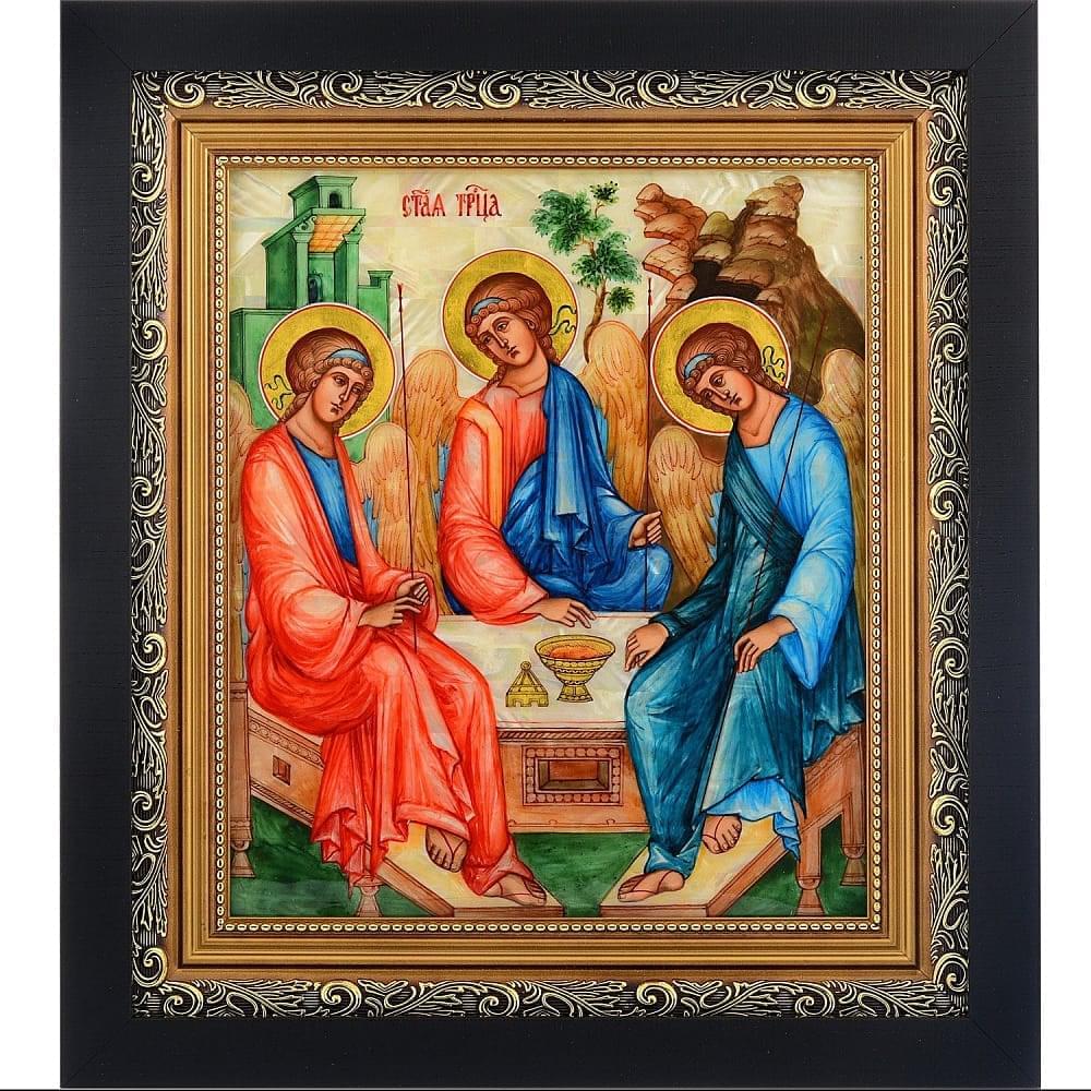 Икона на перламутре «Троица» в киоте 34 х 39 см - интернет магазин Русь Велика я 