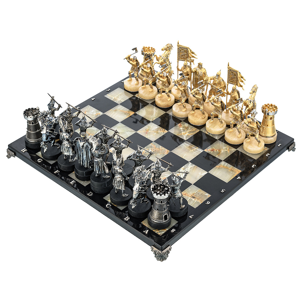 Шахматы с полем из камня и фигурами из серебра «Сражение» 35х35 см - интернет магазин Русь Велика я 