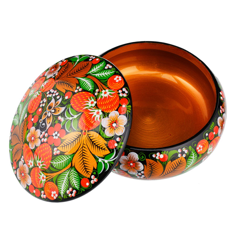 Деревянная круглая шкатулка с росписью «Клубника». Хохлома - интернет магазин Русь Велика я фото 1