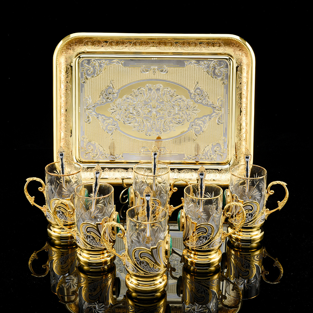 Чайный набор с подстаканниками «Малахит». Златоуст - интернет магазин Русь Велика я 