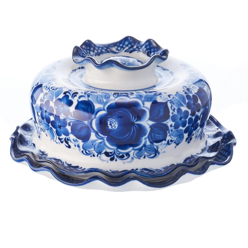 Фарфоровая масленка «Семейная» с росписью Гжель. 8х17 - интернет магазин Русь Велика я 