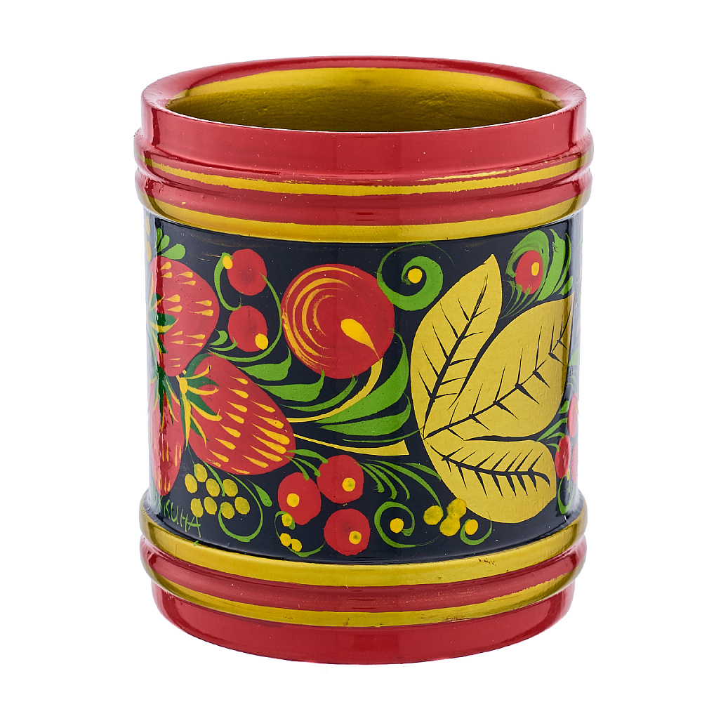 Кружка деревянная с росписью «Клубника». Хохлома - интернет магазин Русь Велика я фото 1