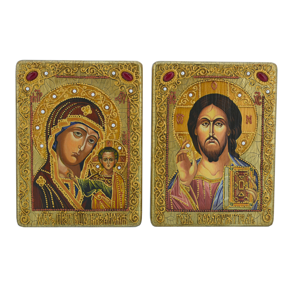 Венчальная пара икон «Божья Матерь Казанская и Вседержитель» 15х20 см - интернет магазин Русь Велика я 