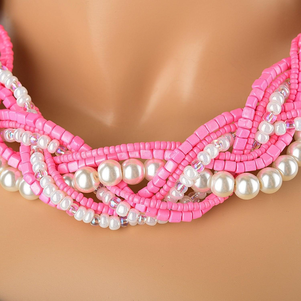 Колье розовое из бисера с кристаллами - интернет магазин Русь Велика я фото 1