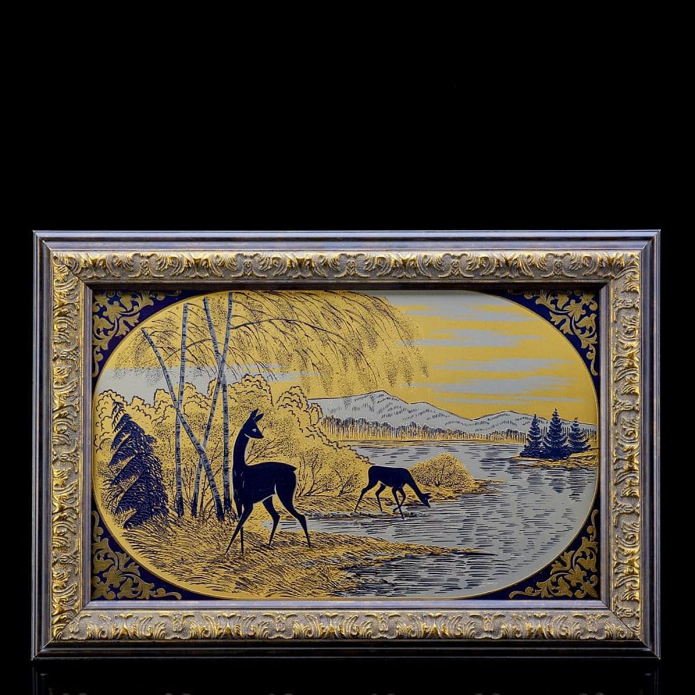 Панно «На водопое». Гравюра Златоуст 30 х 20 см 35х25 см - интернет магазин Русь Велика я 