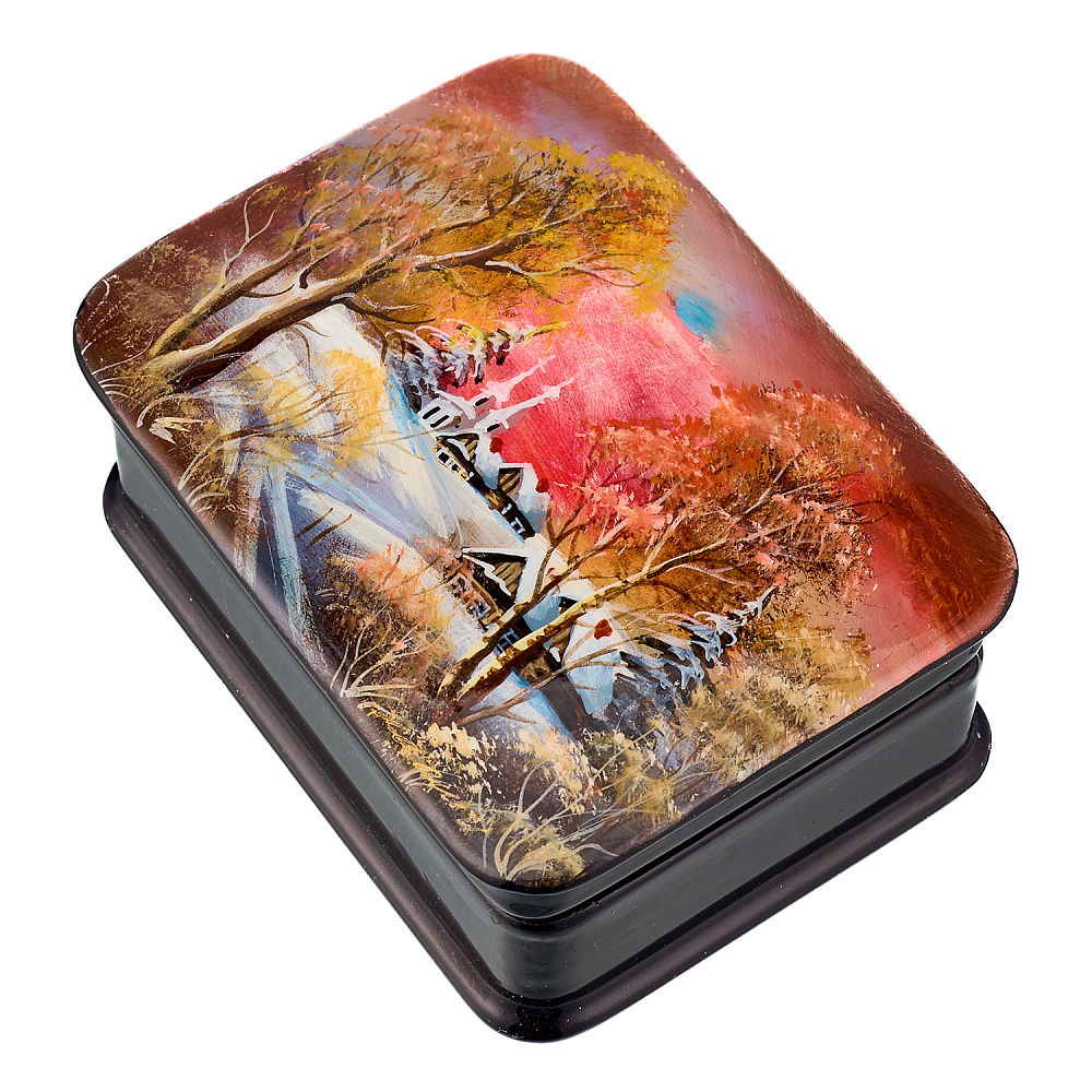 Шкатулка из папье-маше с художественной росписью «Зима в деревне» - интернет магазин Русь Велика я фото 1