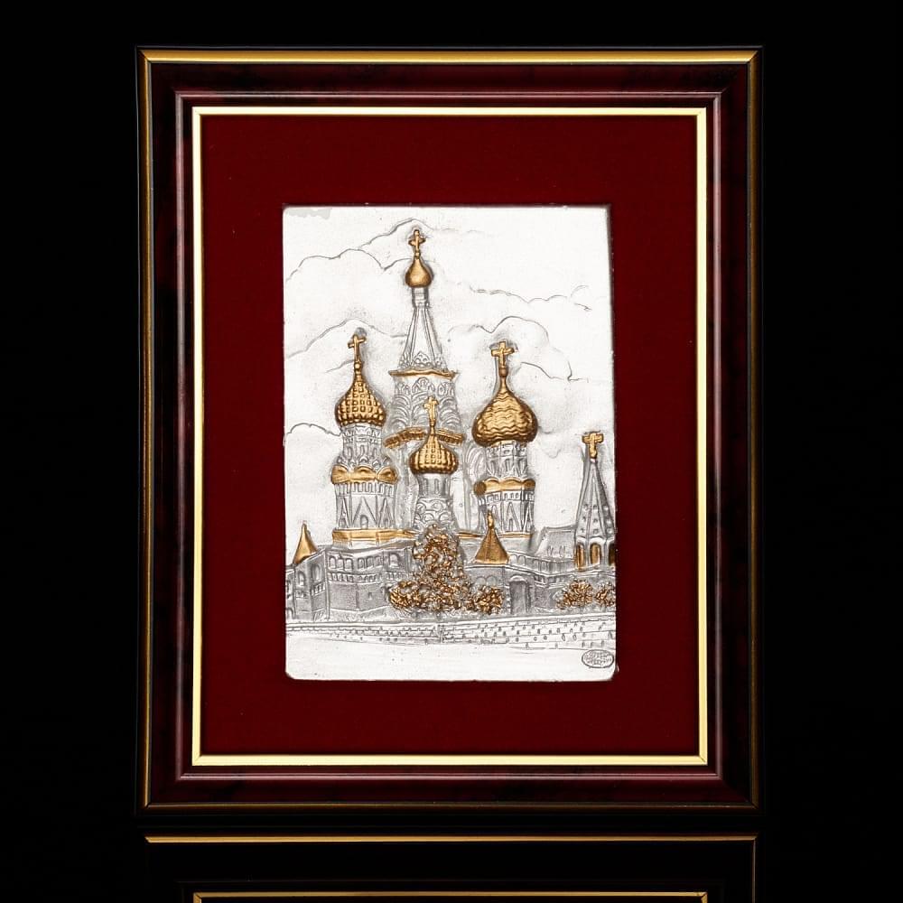 Панно «Храм Василия Блаженного». Чёрно-белая пластина с золотыми куполами 17 х 21 см - интернет магазин Русь Велика я 