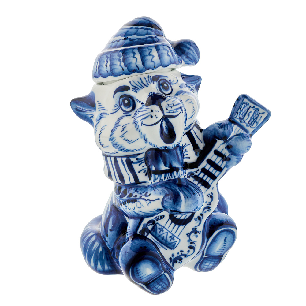 Шкатулка «Поющий кот». Гжель - интернет магазин Русь Велика я 