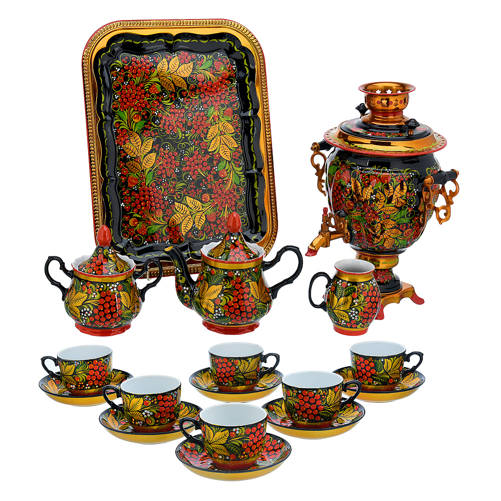 Самовар электрический 3 л с сервизом «Рябина». Хохлома - интернет магазин Русь Велика я 