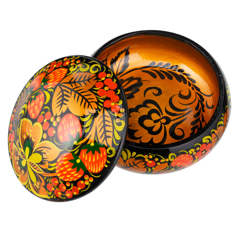 Деревянная круглая шкатулка с росписью «Клубника». Хохлома - интернет магазин Русь Велика я фото 1