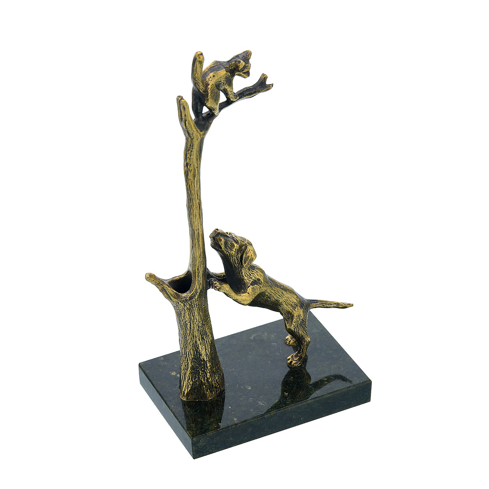 Подставка под ручку из бронзы и змеевика «Кошка с собакой» - интернет магазин Русь Велика я фото 1