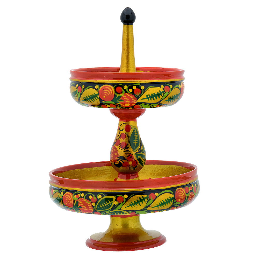 Конфетница двухъярусная «Клубника». Хохлома - интернет магазин Русь Велика я 