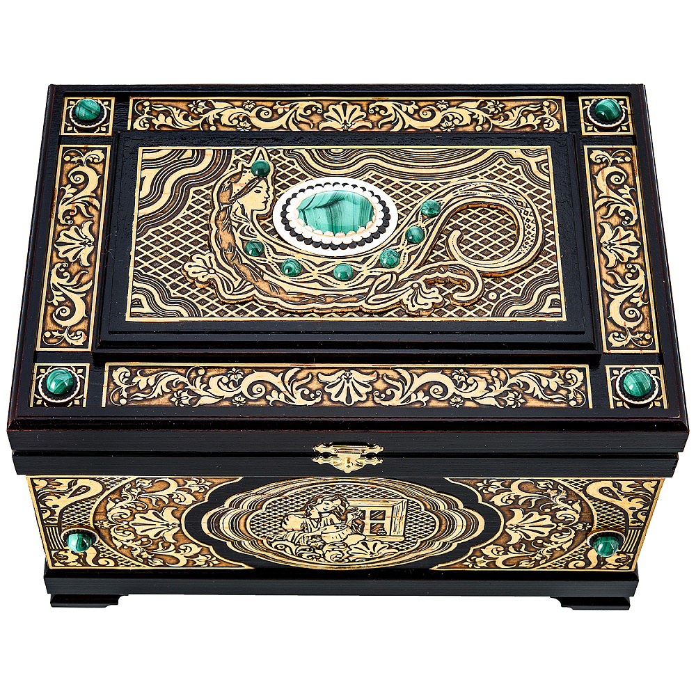 Прямоугольная шкатулка из бересты с малахитом - интернет магазин Русь Велика я 