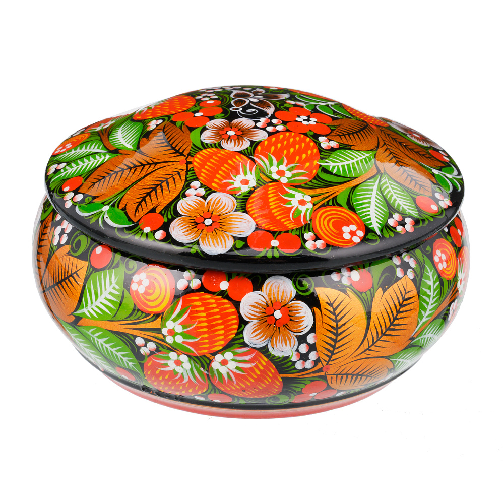 Деревянная круглая шкатулка с росписью «Клубника». Хохлома - интернет магазин Русь Велика я фото 2