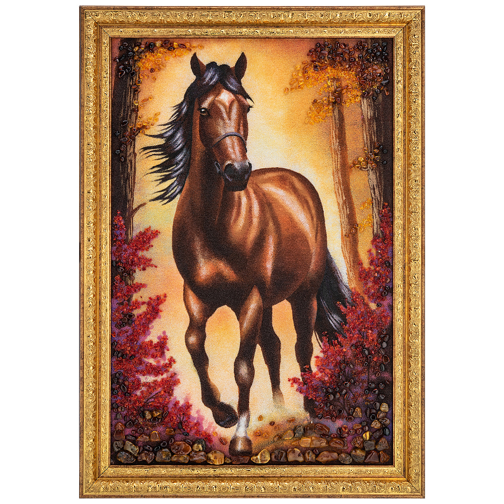 Картина янтарная «Конь в рассветном лесу» 60x40 см - интернет магазин Русь Велика я 