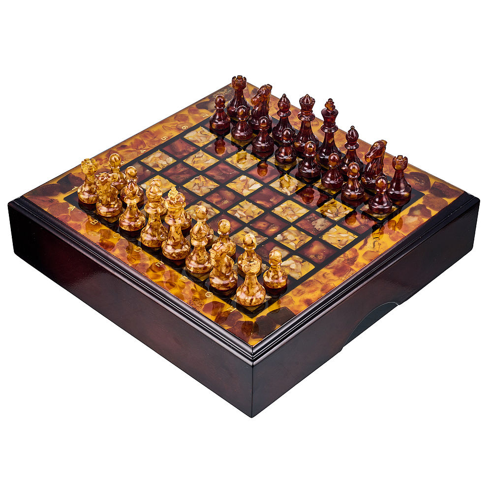 Шахматы с инкрустацией и фигурами из янтаря 30х30 см - интернет магазин Русь Велика я 