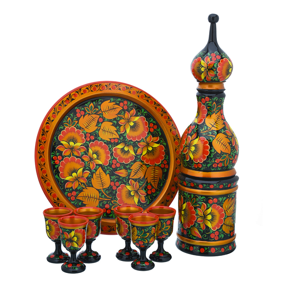 Питейный водочный набор на 6 персон «Цветы». Хохлома - интернет магазин Русь Велика я 