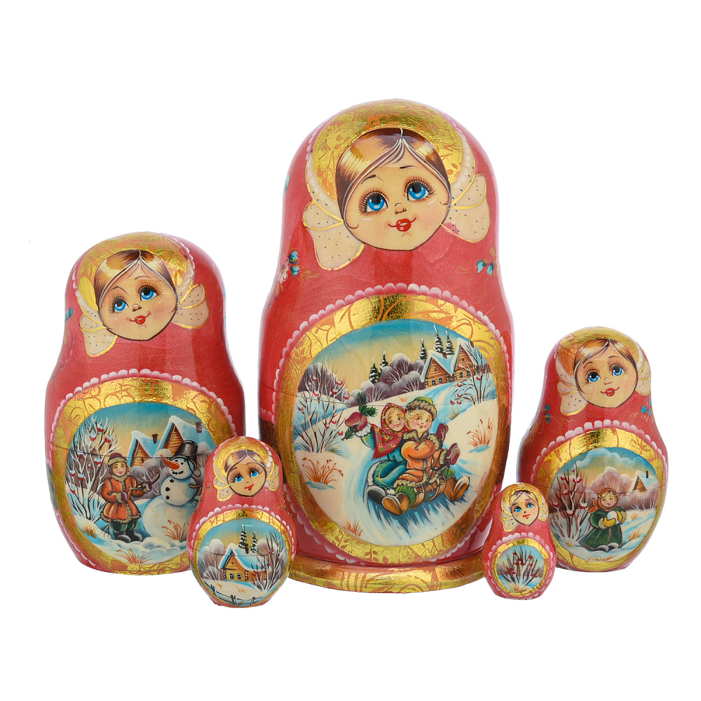 Матрешка «Дети на санках» 5 мест - интернет магазин Русь Велика я 