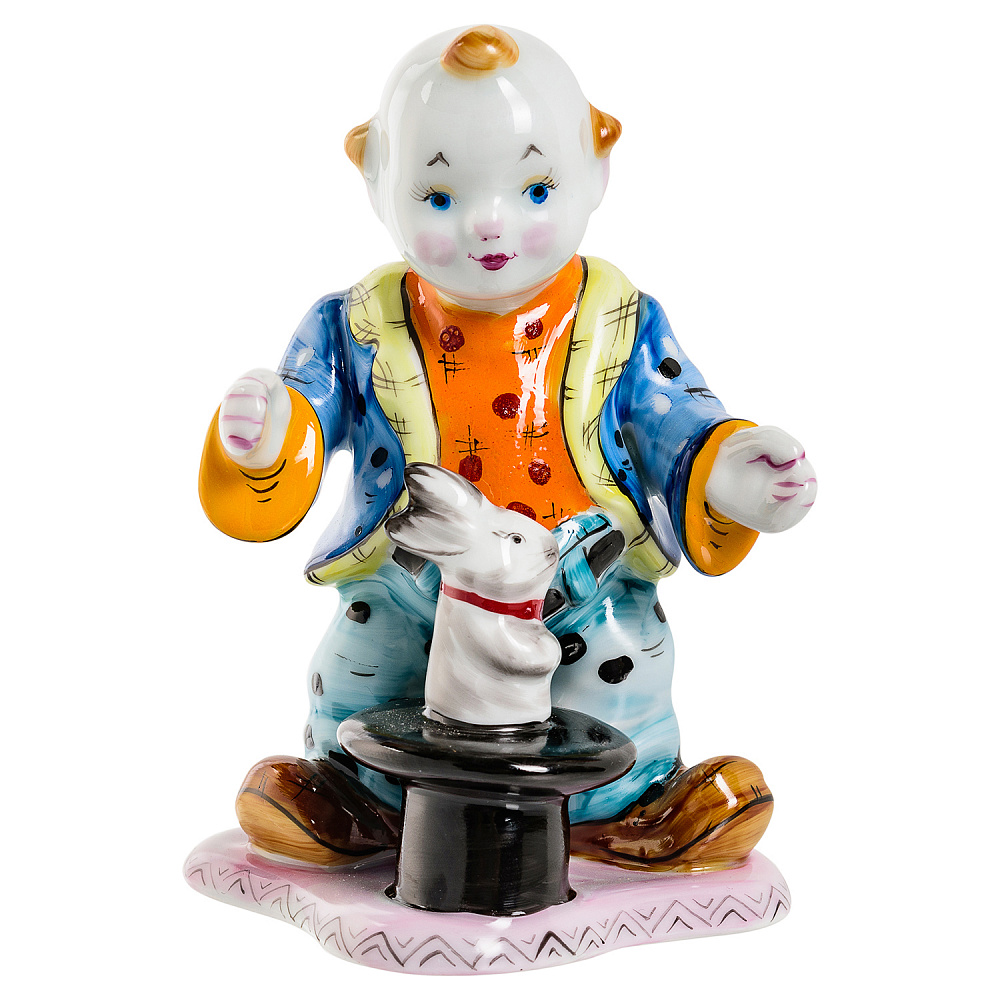 Статуэтка «Клоун с кроликом». Гжель - интернет магазин Русь Велика я 