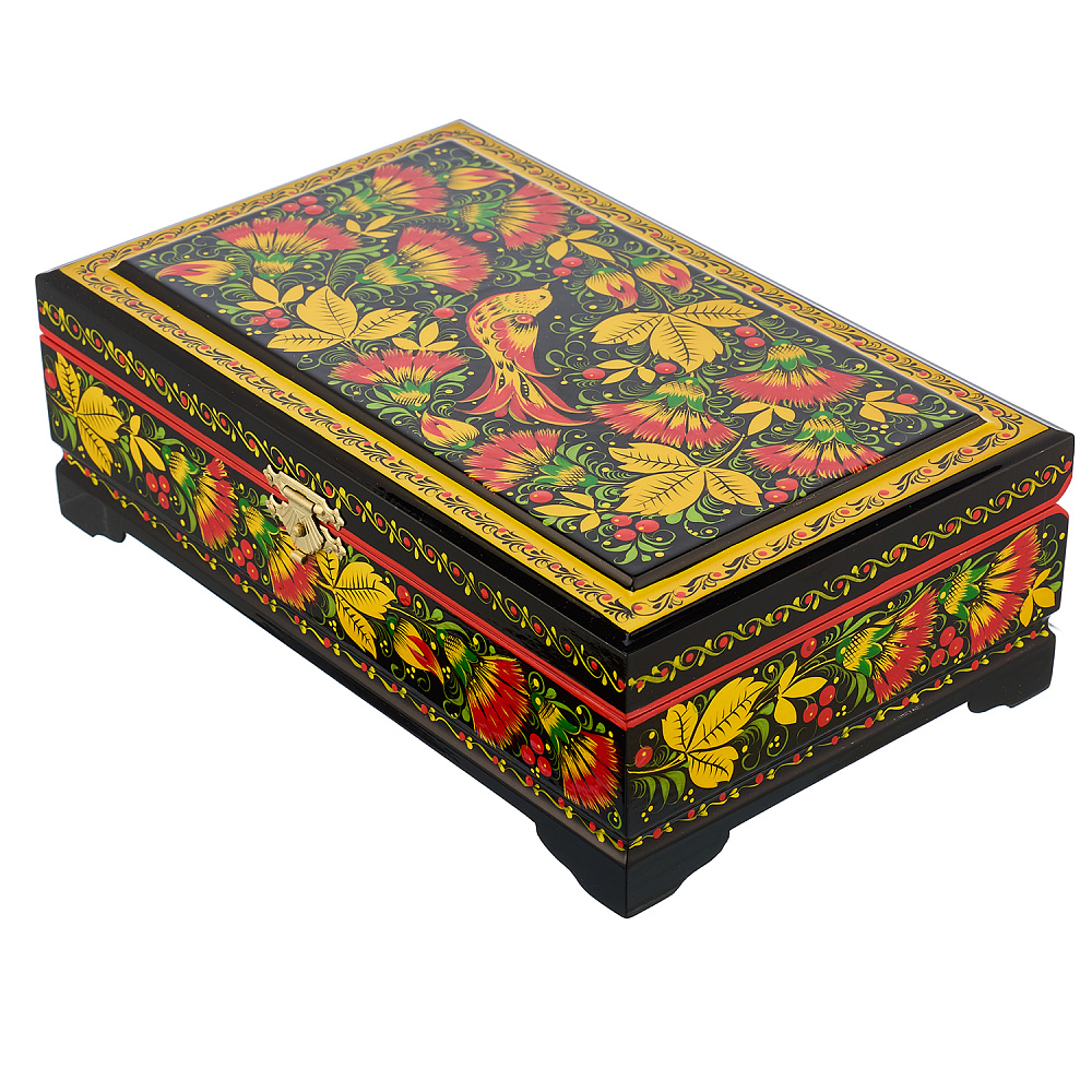 Деревянная шкатулка «Птица и цветы». Хохлома - интернет магазин Русь Велика я фото 1