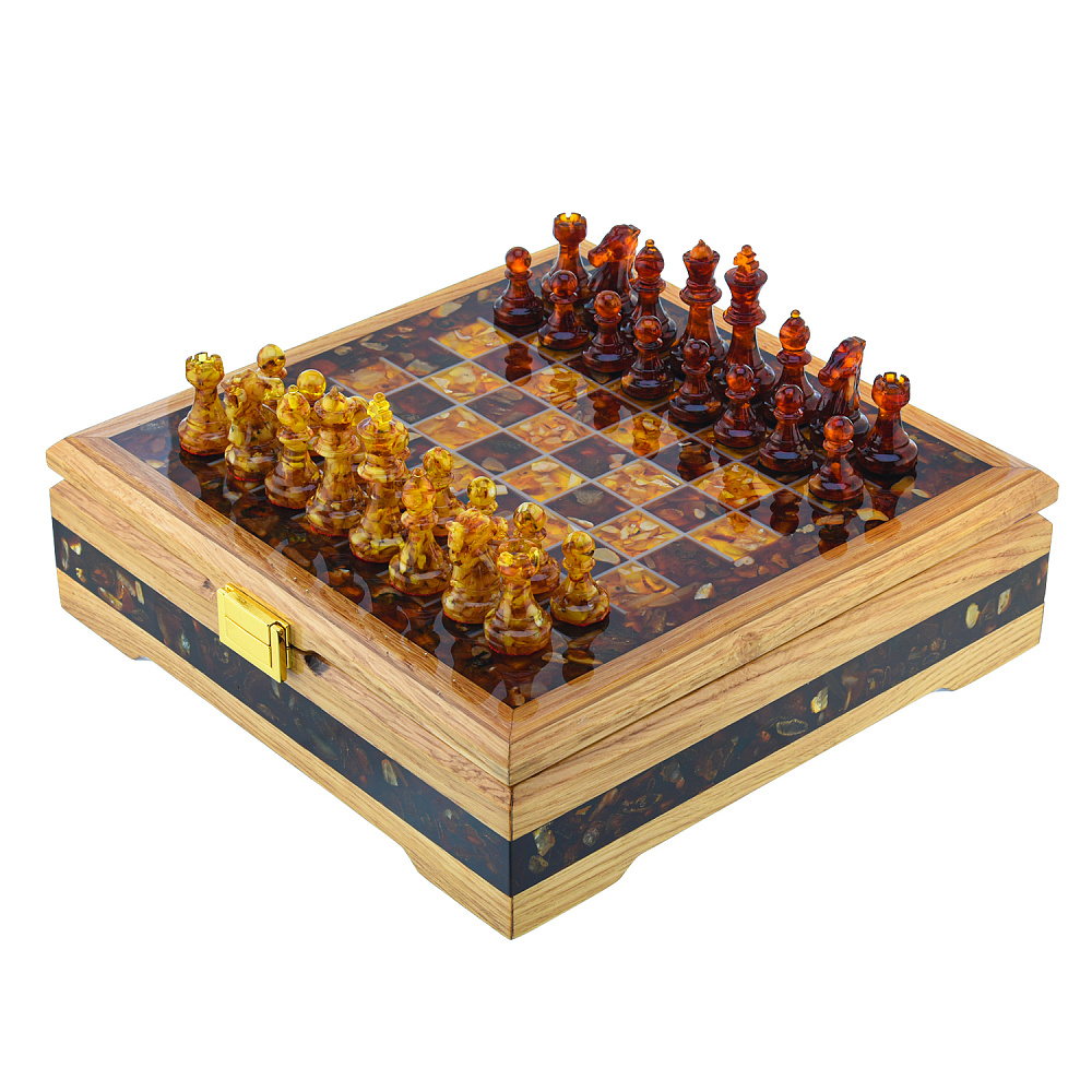 Шахматы с инкрустацией и фигурами из янтаря 28х28 см - интернет магазин Русь Велика я 