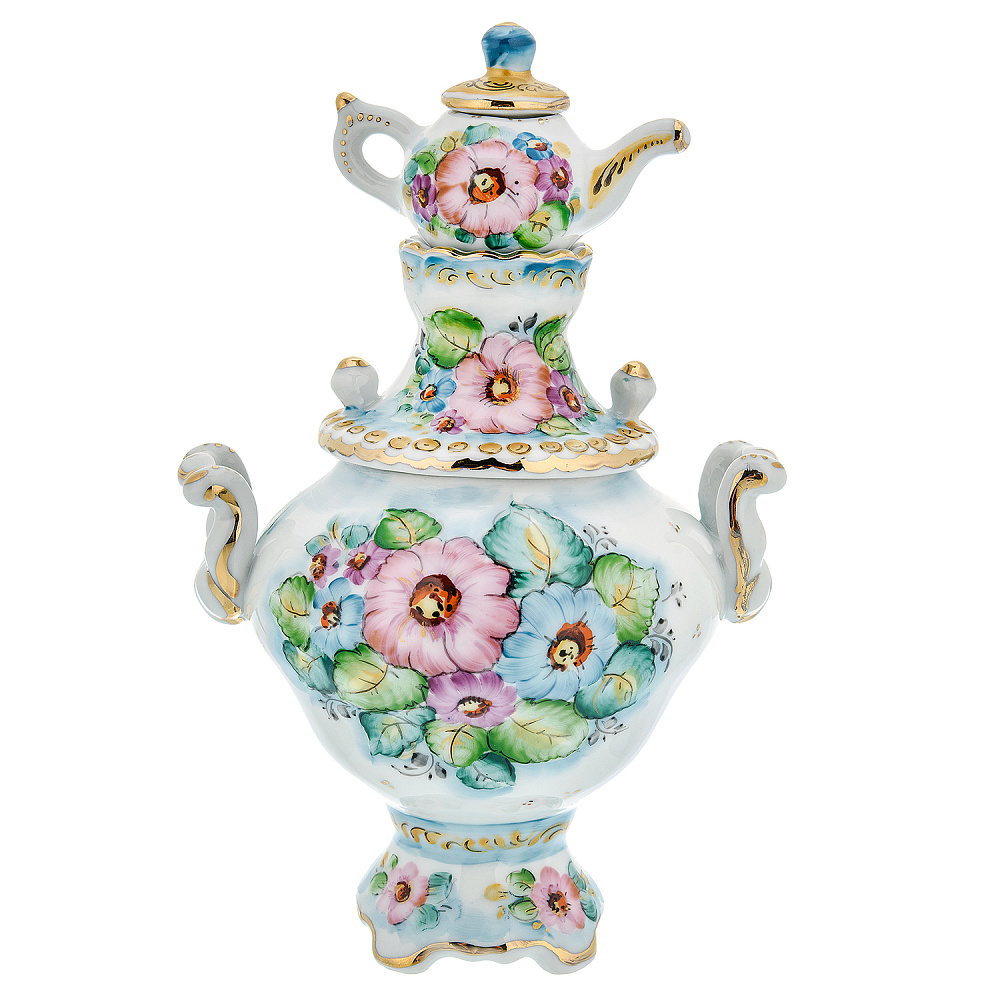 Сувенирный самовар-шкатулка «Цветы». Гжель в цвете - интернет магазин Русь Велика я фото 3
