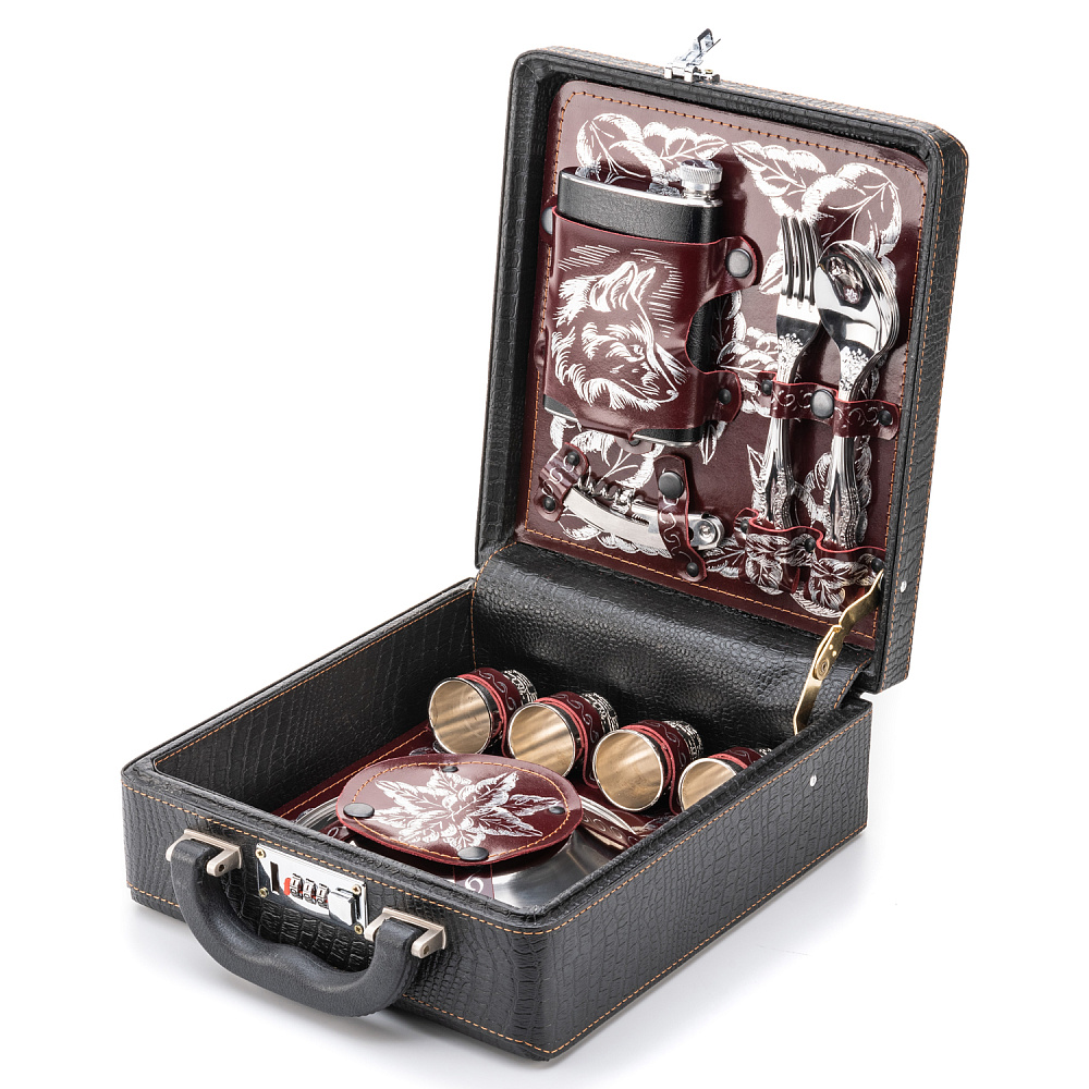 Набор для пикника на 4 персоны «Волк» с серебряным декором - интернет магазин Русь Велика я 