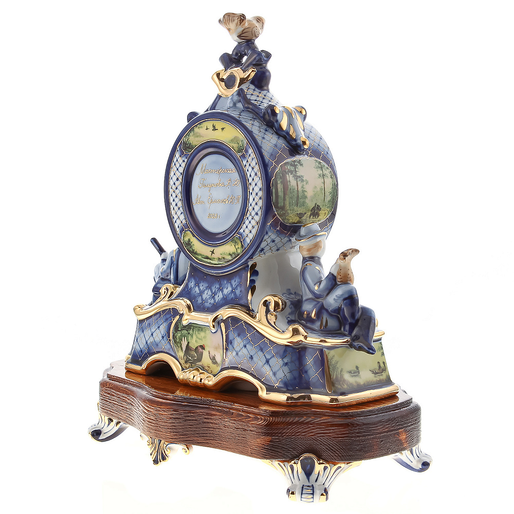 Часы настольные «Охота». Гжель в цвете и золоте. Фарфор Гжель - интернет магазин Русь Велика я фото 9