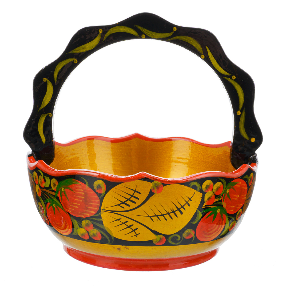 Корзинка деревянная с росписью «Клубника». Хохлома - интернет магазин Русь Велика я 