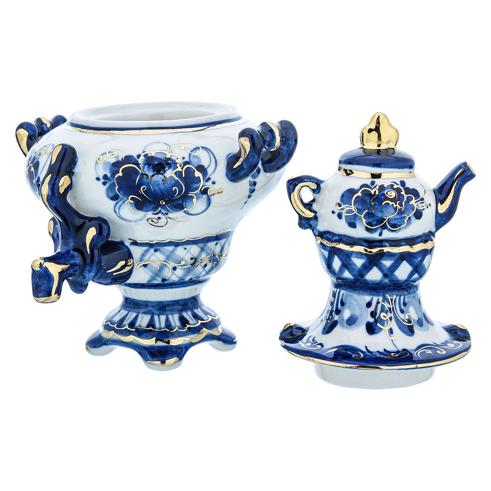 Сувенирный самовар-шкатулка. Гжель в золоте - интернет магазин Русь Велика я фото 1